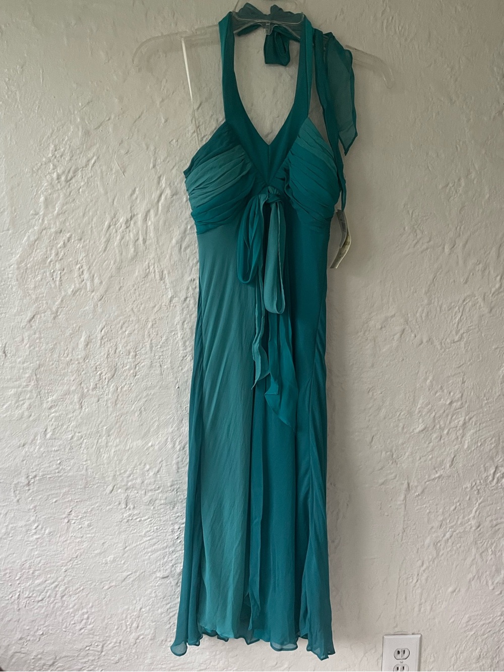 NWT vintage Sangria teal/turquoise 100% silk ruched halter ruffled maxi dress; S